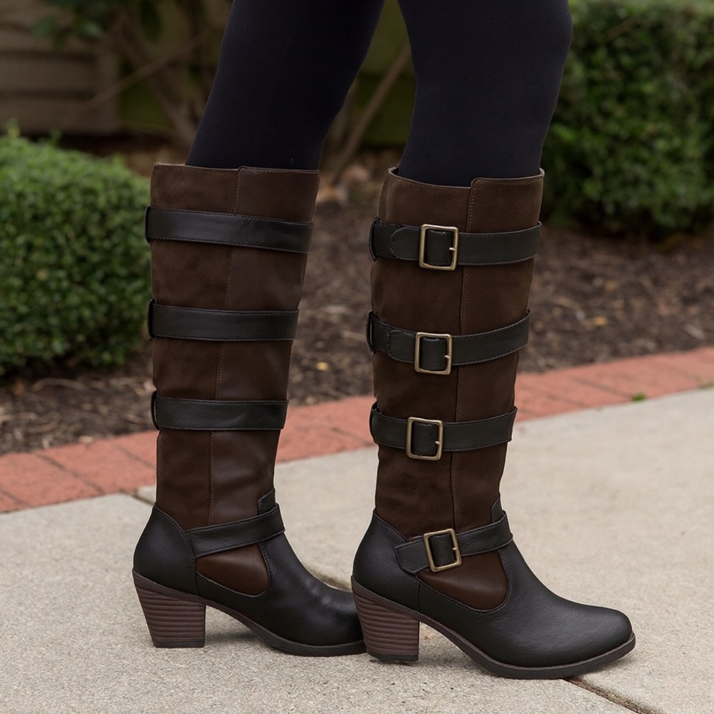 Croft & Barrow Stylish Brown & Black Buckle Strap Knee-High Boots